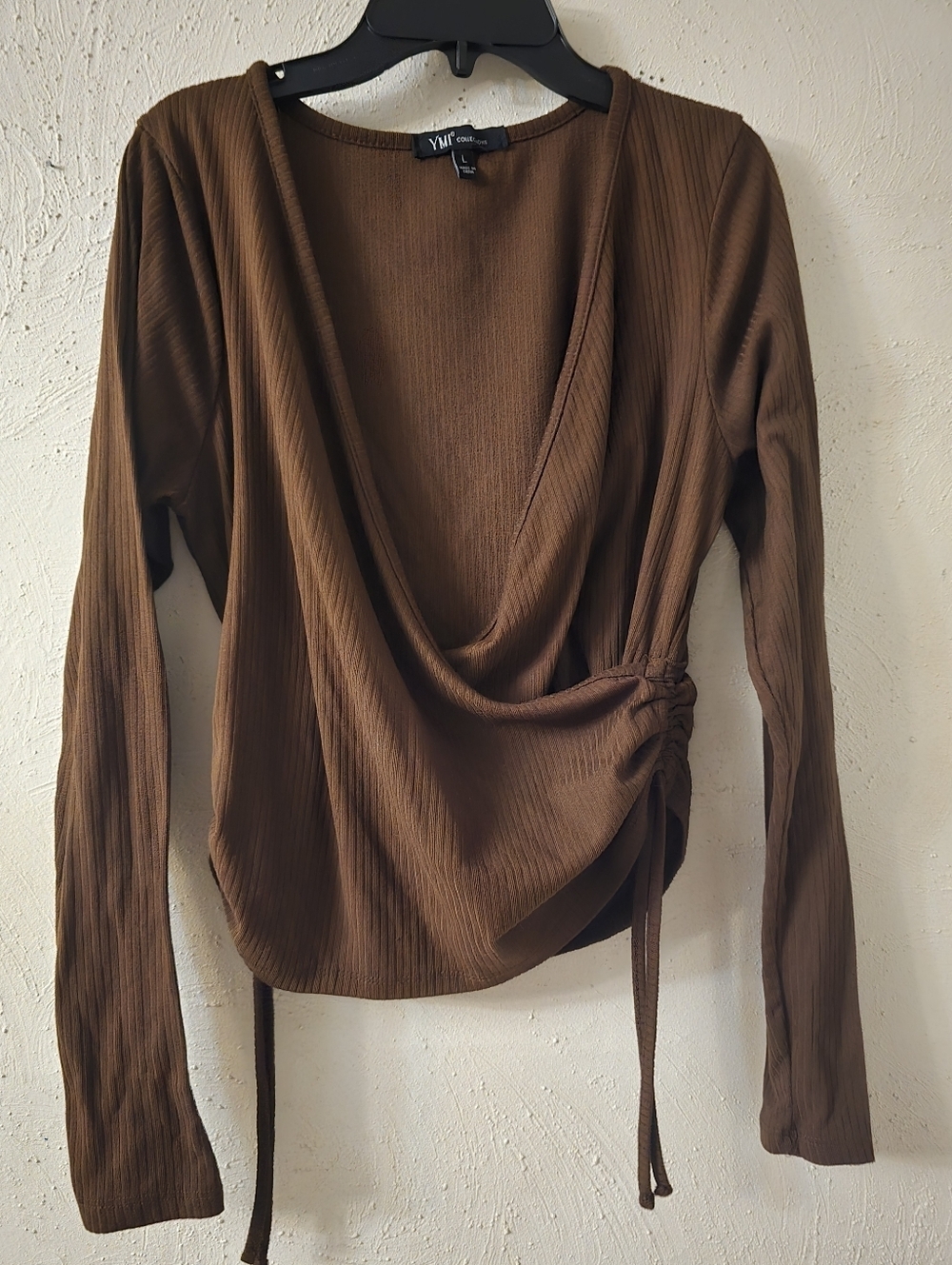YMI Brown Ribbed Wrap-Style Long Sleeve Top with Side Tie